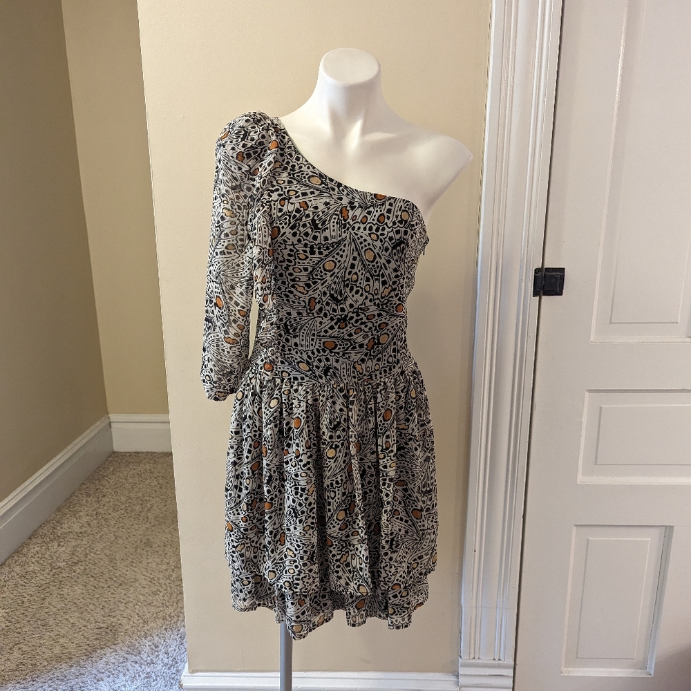 Express X Rachel Zoe black white & gold one shoulder butterfly dress size M